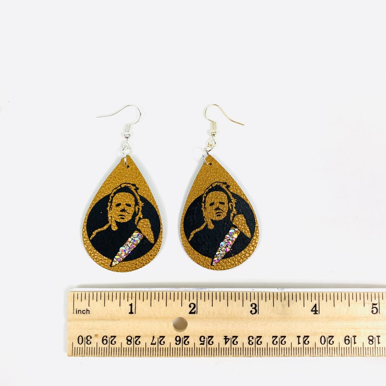 Michael Myers Earrings Halloween Horror Movie Jewelry Faux Leather /& Crystal AB Rhinestones USA Handmade