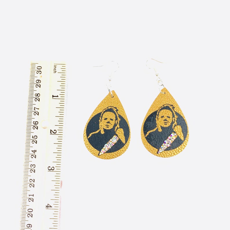 Michael Myers Earrings Halloween Horror Movie Jewelry Faux Leather /& Crystal AB Rhinestones USA Handmade