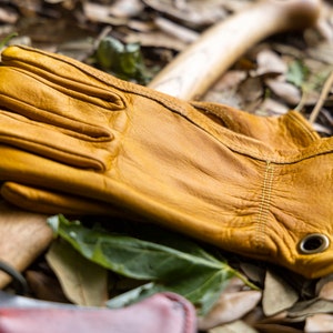 May include: A pair of yellow leather work gloves with a reinforced thumb and a metal eyelet on the wrist. The gloves are lying on a wooden axe handle.