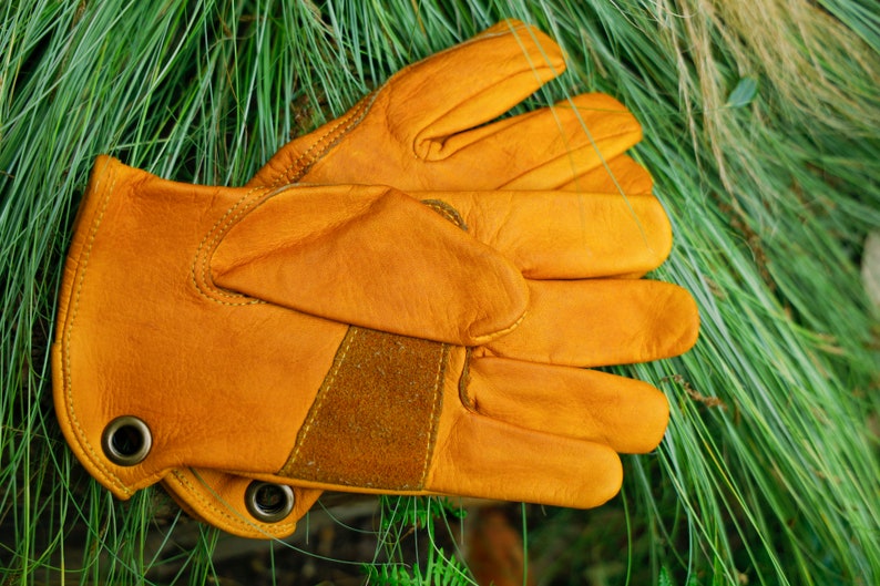 May include: A pair of brown leather work gloves with a suede patch on the back of the hand. The gloves have a reinforced thumb and index finger.