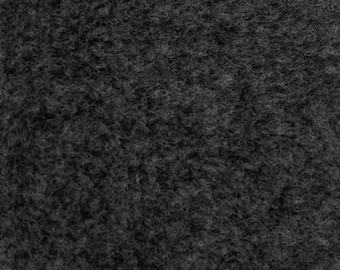 May include: Close-up of a dark gray, textured fabric. The fabric has a fuzzy, soft appearance.