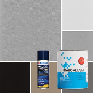 Puede incluir: Dos botes de adhesivo, uno en aerosol y otro en metal. El aerosol es azul y amarillo con el texto "Spray adhesive Sprühkleber Colle spray" y la marca "Berner". El bote de metal es blanco con detalles azules y grises y el texto "FRABO ADESIVE" y "Professional".