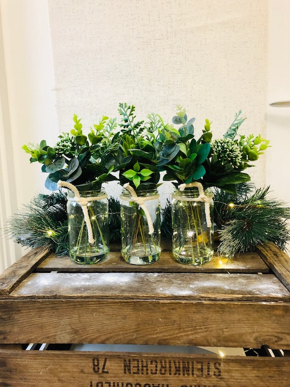 Artificial Botanical Foliage Glass Jar / Artificial Flower Arrangement / Faux Floral Glass Jar Foliage Arrangement / Floral Glass Home Decor