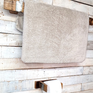 Towel rack/bar and toilet/tissue paper holder set made from authentic reclaimed Wine/Whiskey Barrel Wood.