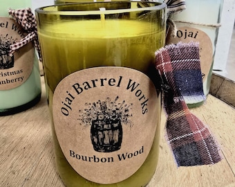Hand Poured Scented Candles in Repurposed Wine Bottles.