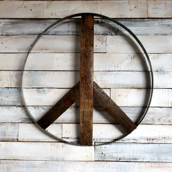 Unique hanging Peace Sign made from Authentic reclaimed Wine/Whiskey Barrel wood.
