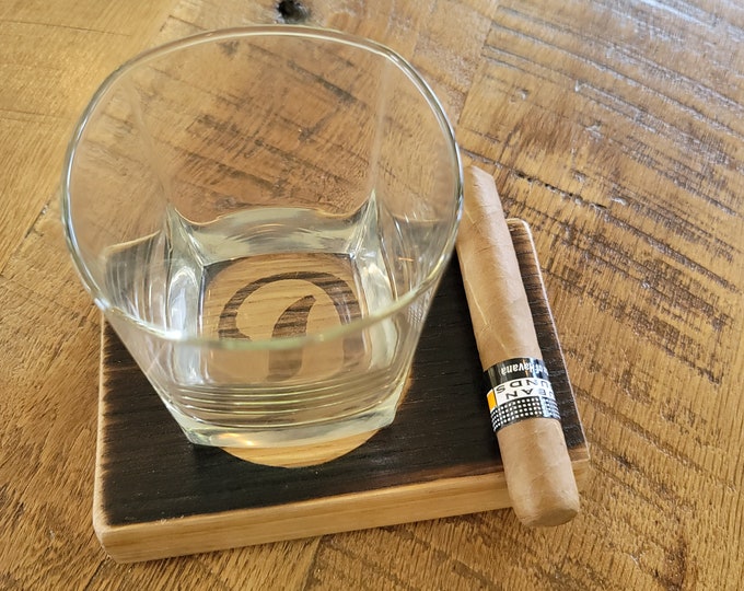 Rustic Coaster with Cigar Hold made from authentic whiskey/bourbon barrel stave with custom engraving.