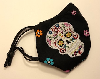 Sugar Skull Face Mask Glitter, Day of the Dead Skeleton Skull Halloween Face Mask for Men & Women 3 Layers Cotton, Filter Pocket, Nose Wire