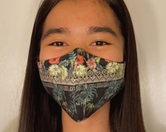 Vintage Hawaiian Floral Teens Women Washable Cloth Face Mask with Filter Pocket and Bendable Nose Wire Dust Work Travel Outdoor Protection