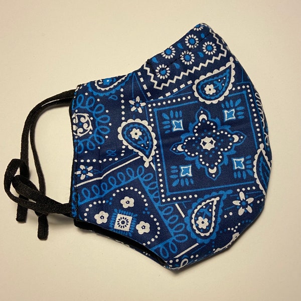 Blue Bandana Face Mask, Bandana Face Mask, Washable and Reusable Cloth Unisex Face Mask with Nose Wire and Adjustable Beaded Elastic