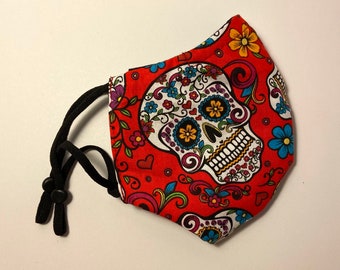 Red Sugar Skull Face Mask, Day of the Dead Skeleton Skull Halloween Face Mask for Men & Women 3 Layers Cotton w/ Filter Pocket and Nose Wire