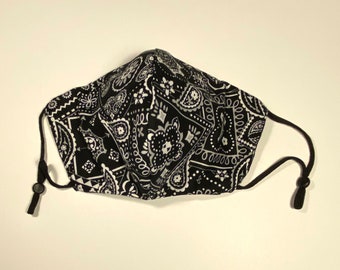 Black Bandana Face Mask, Onyx Bandana Face Mask, Washable Reusable Unisex Cloth Face Mask with Nose Wire and Adjustable Beaded Elastic