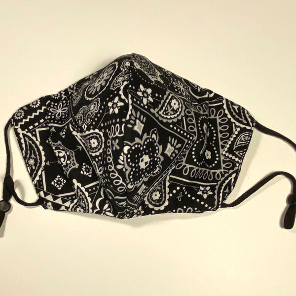 Black Bandana Face Mask, Onyx Bandana Face Mask, Washable Reusable Unisex Cloth Face Mask with Nose Wire and Adjustable Beaded Elastic