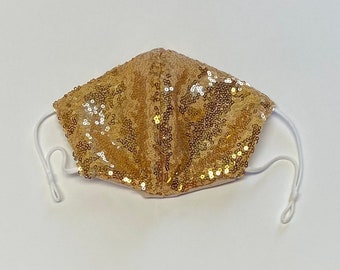 Sequins Gold Face Mask, Sequins Bling Face Mask, Unisex Reusable Hand-washable 3 Layers with Nose Wire and Adjustable Beaded Ear Loops