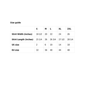 May include: Size guide chart for a shirt. The chart shows shirt width and length in inches, US size, and EU size. The sizes range from S to 2XL.