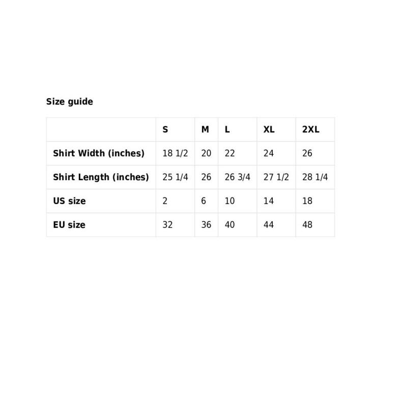May include: Size guide chart for a shirt. The chart shows shirt width and length in inches, US size, and EU size. The sizes range from S to 2XL.