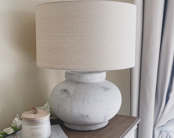 Darcy Distressed Stone Effect Squat Vase with Linen Shade - Hand crafted - Heavy - Sturdy