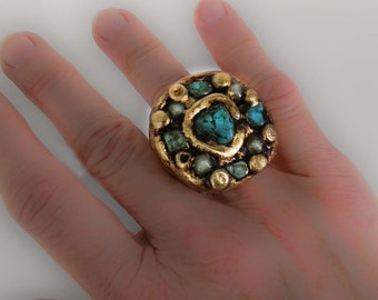 chunky ring with authentic turquoise, ethnic Indian style sculpture jewel, made of professional polymer clay