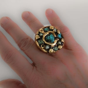 chunky ring with authentic turquoise, ethnic Indian style sculpture jewel, made of professional polymer clay