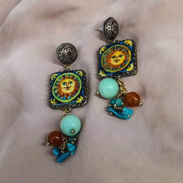 sicilian earrings, sun earrings, hand painted tile