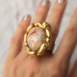 rhodochrosite ring, large adjustable gold ring