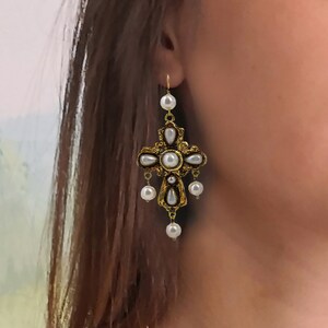 Pearl Cross Earrings, Italian Renaissance jewel, epoxy resin jewel image 2