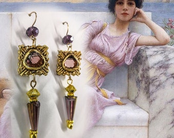 ancient Etruscan earrings with lavender crystals, reproduction of historical jewel made of professional polymer clay