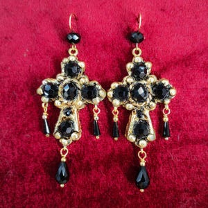 Black crystal cross earrings, golden polymer clay jewel, very light, Tudor earrings