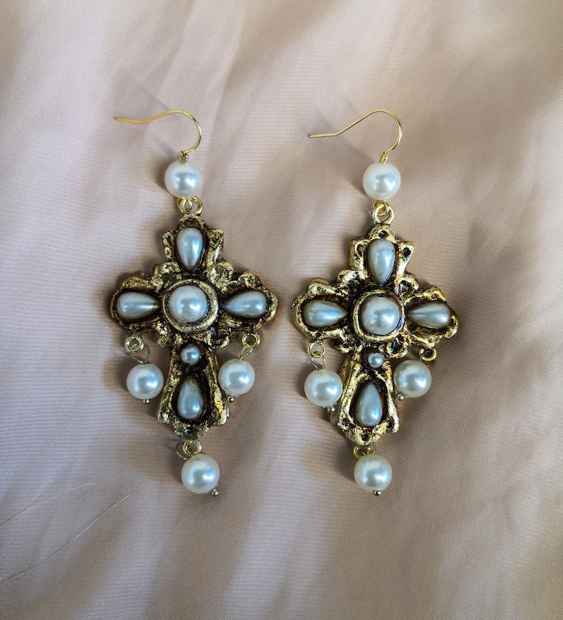 Pearl Cross Earrings, Italian Renaissance jewel, epoxy resin jewel image 1