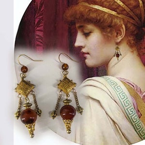 Orecchini in stile Etrusco con pendente a forma di Anfora e pietra di Agata Rossa, gioiello replica di museo