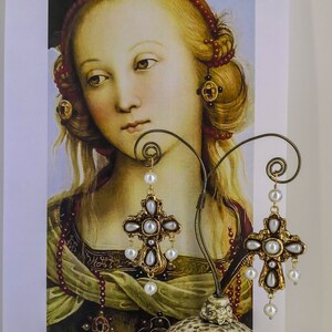 Pearl Cross Earrings, Italian Renaissance jewel, epoxy resin jewel image 4