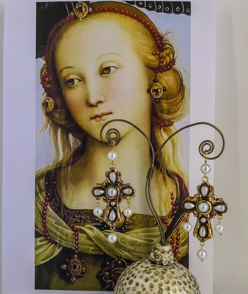 Pearl Cross Earrings, Italian Renaissance jewel, epoxy resin jewel image 4
