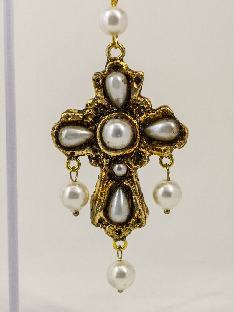 Pearl Cross Earrings, Italian Renaissance jewel, epoxy resin jewel image 6