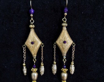 Etruscan style earring and amethyst stones, long dangle earring, museum earring replica for renaissance faire