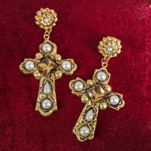 large Pearl Cross Earrings and champagne crystal, Baroque Gold Crucifix, jewel of true Italian craftsmanship