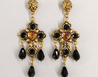 Baroque earrings with Black Crucifix and Lion's head, handcrafted jewelry in antique gold resin