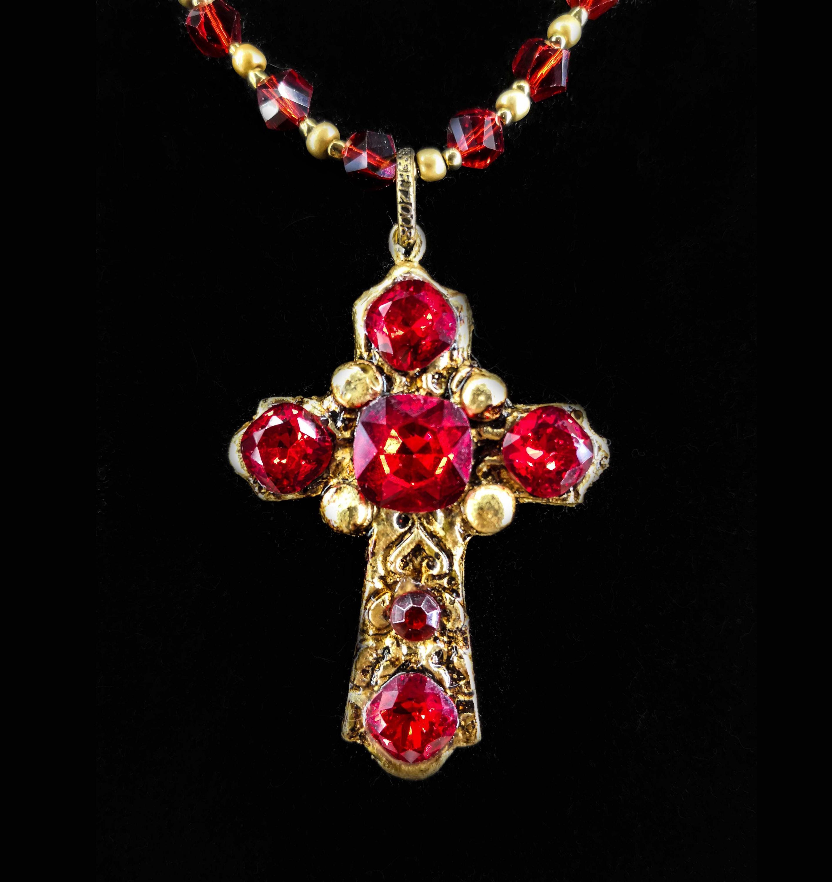 Gothic choker with large cross of red crystals, jewel in laminated resin with golden leaf