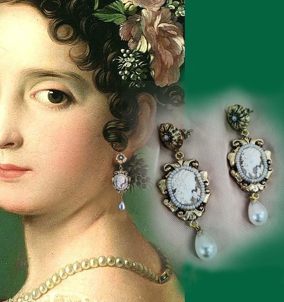 Georgian Cameo Earrings With Majorca Pearl Drop, Antiqued Gold