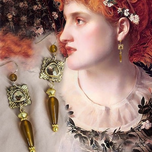 Etruscan amber earring with amphora-shaped teardrop agate stone, museum earrings, professional polymer clay jewelry
