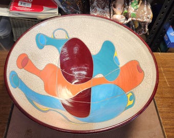 Large MCM Enameled Abstract Art Bowl with speckled finish