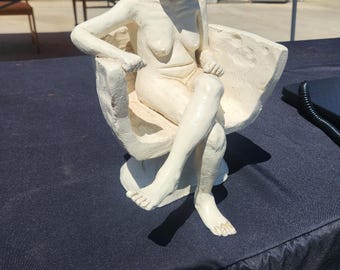 Nude Lady in Chair - Clay Statue - Glazed Pottery