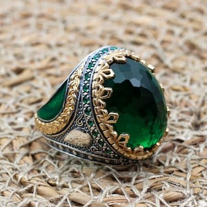 Emerald Men&#39;s Ring: Handmade Ottoman 925 Sterling Silver & Bronze