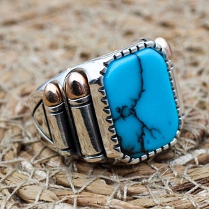 Turquoise Men&#39;s Ring, Handmade Men&#39;s Ring, Turkish Handmade Men&#39;s Ring, Ottoman Ring, Men&#39;s Jewelry, Gift for Him, 925k Sterling Silver Ring
