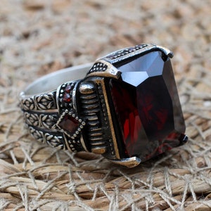 Handmade Ruby Sterling Silver Men's Ring: Ottoman Chain Design