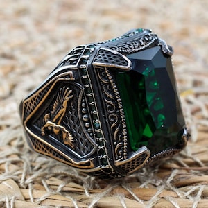Emerald Men&#39;s Ring, Ottoman Men&#39;s Ring, Handmade Men&#39;s Ring, Turkish Handmade Men&#39;s Ring, Men&#39;s Jewelry, Gift for Him, 925 Sterling Silver