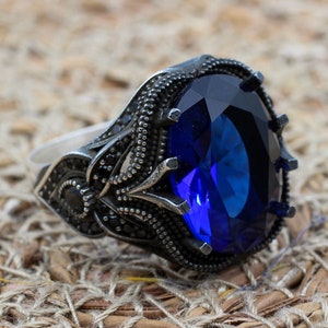 Turkish Handmade 925 Sterling Silver Men&#39;s Ring: Sapphire Ottoman Ring
