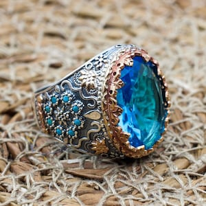 Anel masculino Aquamarine, anel masculino feito à mão turco, anel otomano, anel de prata feito à mão, joias masculinas, presente para ele, anel de prata esterlina 925k