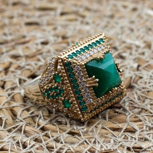 Emerald Ring, Handmade Women&#39;s Ring, Turkish Handmade Ring, Authentic Ring, Ottoman Ring, Ladies Ring, 925k Sterling Silver, Square Shape,