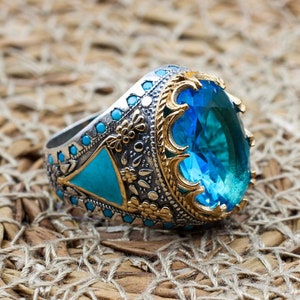 Anel masculino Aquamarine, anel masculino feito à mão turco, anel otomano, anel de prata feito à mão, joias masculinas, presente para ele, anel de prata esterlina 925k