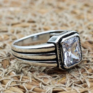 Mens Handmade Ring, Turkish Handmade Silver Men Ring, Ottoman Men Ring, Zircon Ring, Men&#39;s Jewelry, Gift for Him, 925k Sterling Silver Ring